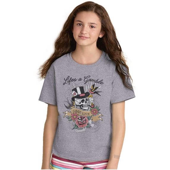Life's A Gamble Skull Rose Tattoo Crewneck T Shirts Boy Girl Teen Brisco Brands L