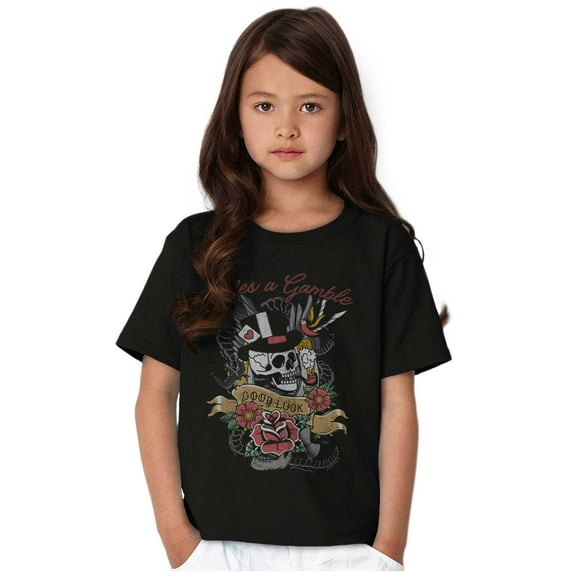 Life's A Gamble Skull Rose Tattoo Crewneck T Shirts Boy Girl Teen Brisco Brands X