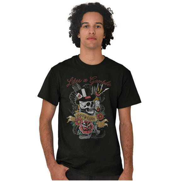 Life's A Gamble Skull Rose Tattoo Plus Size Crewneck Graphic Tee Shirt Brisco Brands 2X