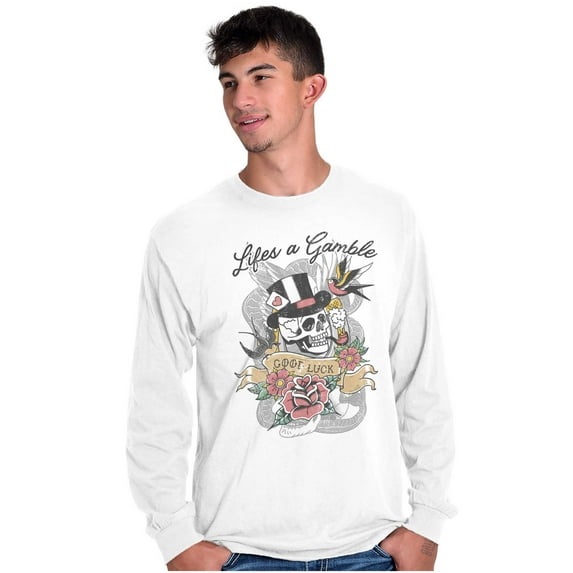Life's A Gamble Skull Rose Tattoo Plus Size Long Sleeve Graphic Tee Shirt Brisco Brands 2X