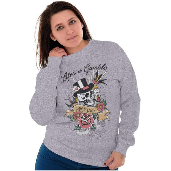 Life's A Gamble Skull Rose Tattoo Sweatshirt for Men or Women Brisco Brands L
