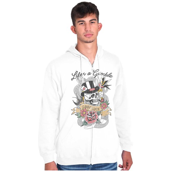 Life's A Gamble Skull Rose Tattoo Unisex Fleece Graphic Zip Up Hoodie Brisco Brands 4X