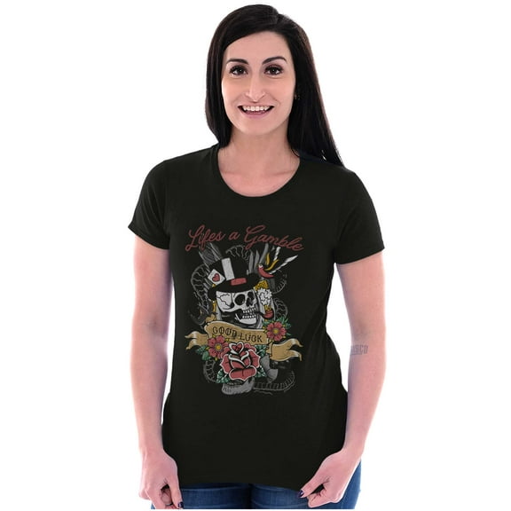 Life's A Gamble Skull Rose Tattoo Womens Slim Fit Graphic Tee Brisco Brands S