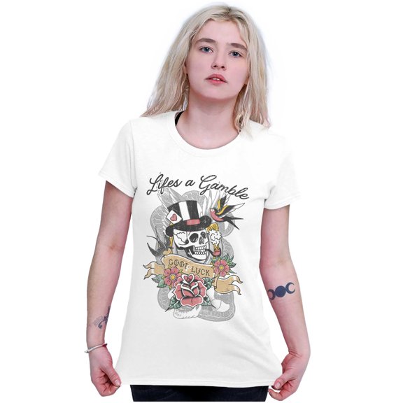 Life's A Gamble Skull Rose Tattoo Womens Slim Fit Graphic Tee Brisco Brands X
