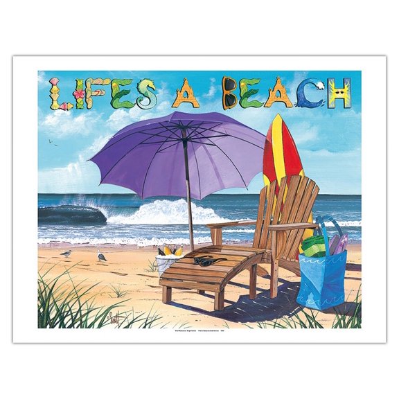 Life's a Beach - Beach Chair Umbrella Surfboard & Ocean View - From an Original Color Painting by Scott Westmoreland - Fine Art Matte Paper Print (Unframed) 20x26in
