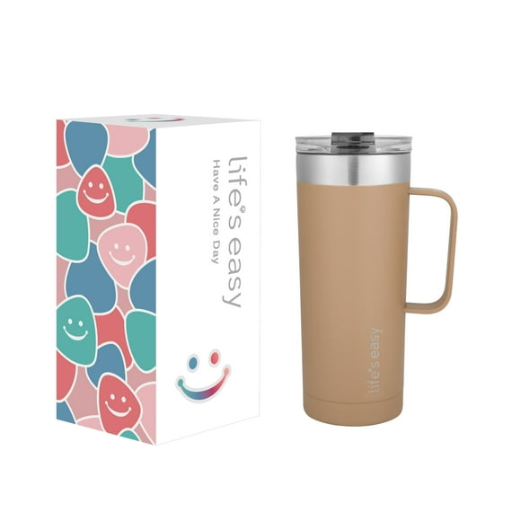 Life’s Easy - Stainless Steel Mug with Handle, Vacuum Insulated Mug for Hot and Cold Drink, Leak-Proof, Spill-Proof, Brown, 20 oz