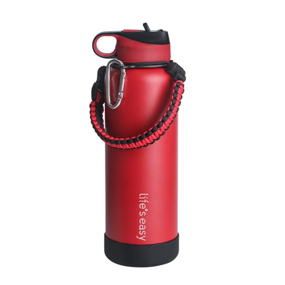 Life's Easy - Straw Lid Bottle with Paracord Carabiner Handle Carrier, Silicone Sleeve, 40 oz. Insulated Flask for Hot and Cold Drinks (40oz, Red)