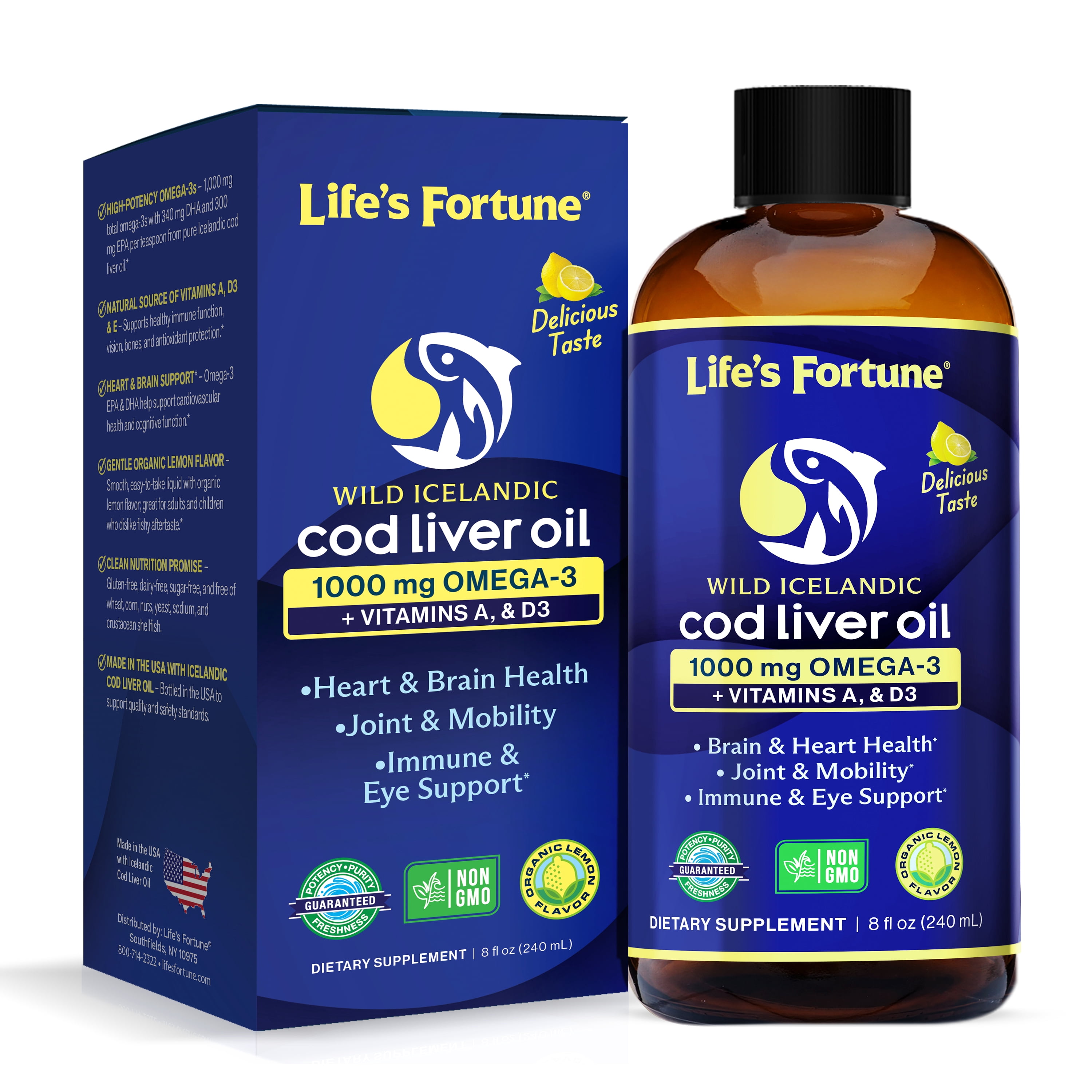 Life's Fortune Cod Liver Oil Liquid Omega Organic Lemon Flavor, 8 fl oz, 1000 mg