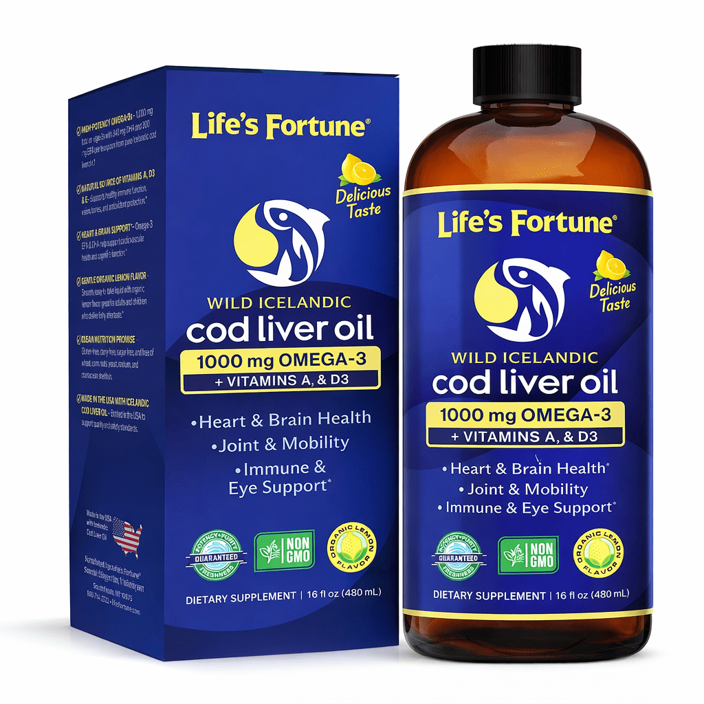 Life's Fortune Cod Liver Oil Liquid, Lemon Flavor, 16 Oz, 1000 Mg Omega 3 Supplement, Fish Oil Liquid, Wild-Caught, Non-GMO