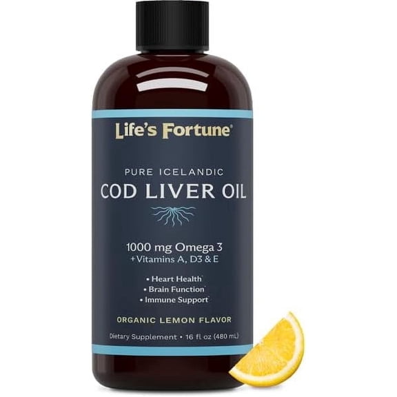Life's Fortune Cod Liver Oil Liquid, Lemon Flavor, 16 Oz, 1000 Mg Omega 3 Supplement, Fish Oil Liquid, Wild-Caught, Non-GMO