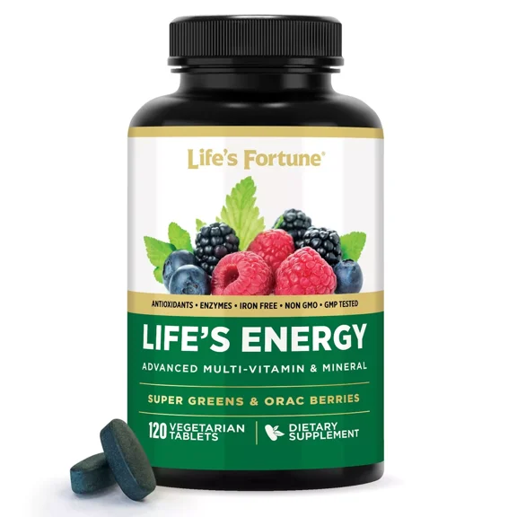Life's Fortune Life's Energy Advanced Multi-Vitamin and Mineral Non-GMO - Super Greens - ORAC Berries - Antioxidants - Enzymes - Iron Free - GMP Tested, 120 Veggie Tablets