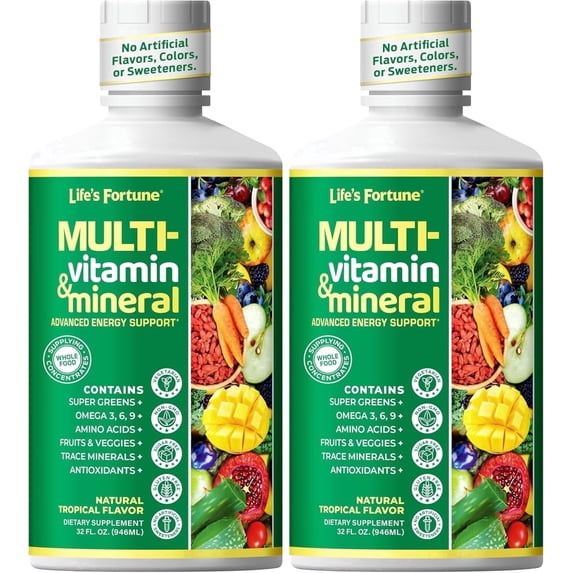 Life's Fortune Liquid Multivitamin With Minerals, 2 Pack 32 Fl Oz Each, Daily Multivitamin, Fast Absorbing Multiple Vitamins, Complete Multivitamin Formula