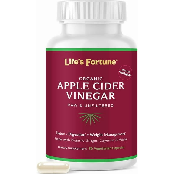 Life's Fortune Organic Apple Cider Vinegar with Organic Ginger for Detox, Digestion, 30 Caps