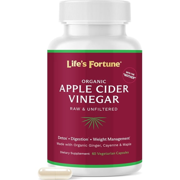 Life's Fortune Organic Apple Cider Vinegar with Organic Ginger for Detox, Digestion, 60 Caps