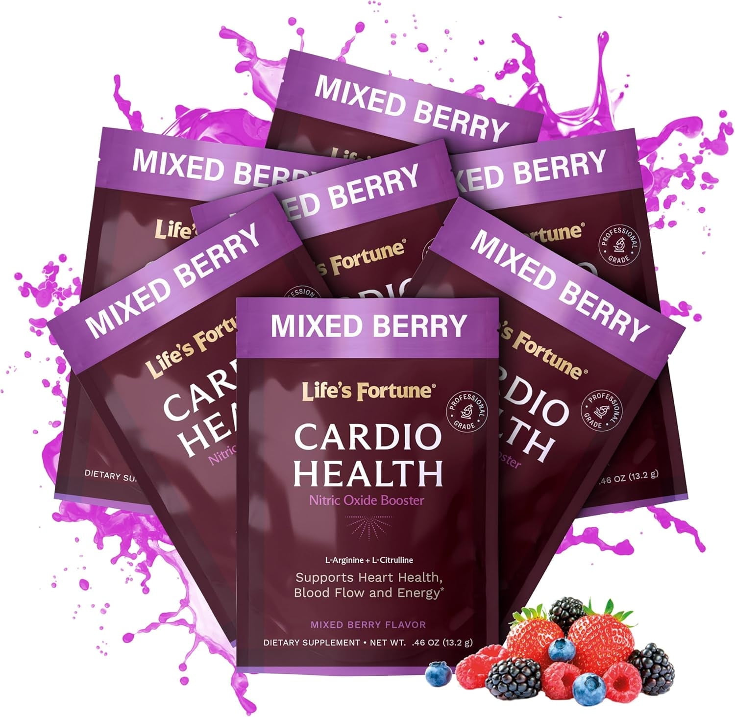 Life's Fortune Travel Pack L Arginine L Citrulline Nitric Oxide Powder Drink Supplement, Mixed Berry (7 Count)