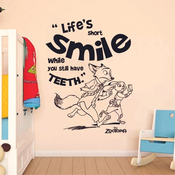 Life's Short Smile Quote Zootopia Cartoon Quotes Wall Sticker Art Decal for Girls Boys Room Bedroom Nursery Kindergarten House Fun Home Decors Stickers Wall Art Vinyl Decoration Size (10x8 inch)