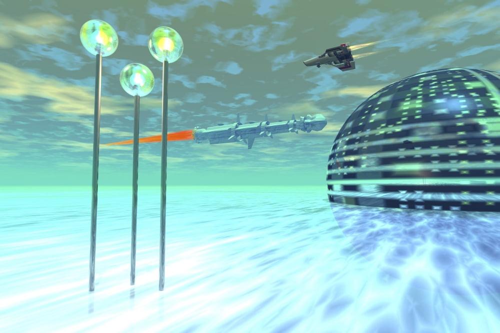 Life under domes on an alien waterworld Canvas Art - Corey FordStocktrek Images (35 x 23)
