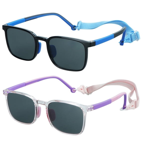 LifeArt 2 Pack Kids Sunglasses UV Protection Flexible Shades with Strap for Boys and Girls Age 3-12 (Black Blue+Clear Pink)