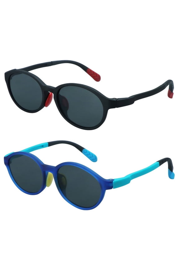 2 Pack Kids Sunglasses UV Protection Flexible Shades with Strap for Boys and Girls Age 3-12 (Black+Blue)