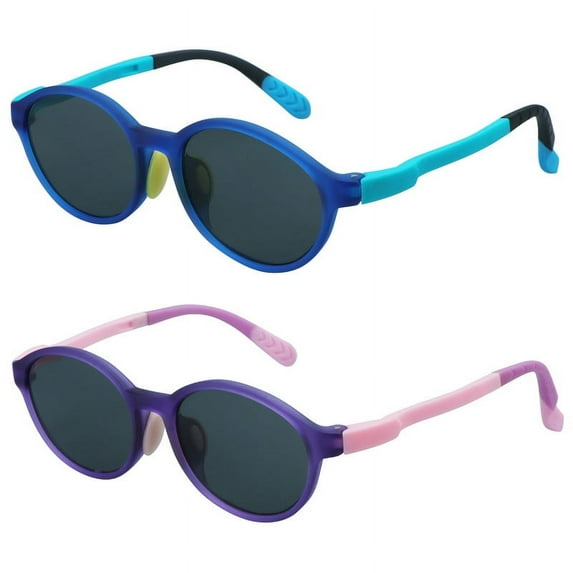 LifeArt 2 Pack Kids Sunglasses UV Protection Flexible Shades with Strap for Boys and Girls Age 3-12 (Purple+Blue)