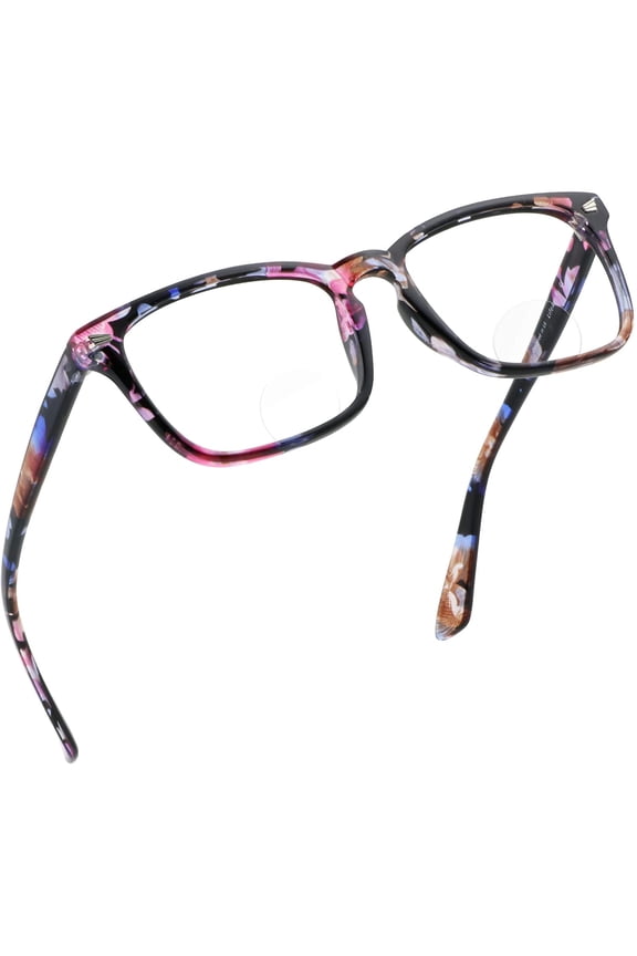 Bifocal Reading Glasses with Round Lenses, Blue Light Blocking Glasses, Gaming Glasses, TV Glasses for Women Men, Anti Glare (Blue Floral, +0.00/+2.50 Magnification)