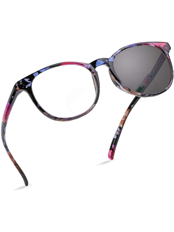 Bifocal Reading Glasses, Transition Photochromic Dark Grey Sunglasses, Oval Frame, Computer Reading Glasses, Anti Glare (Blue Floral, +0.00/+2.50 Magnification)