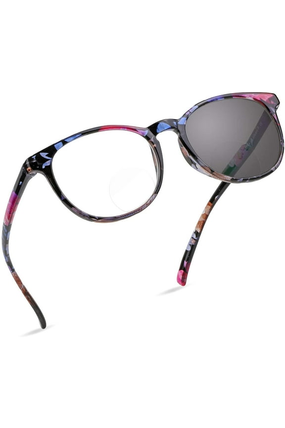 Bifocal Reading Glasses, Transition Photochromic Dark Grey Sunglasses, Oval Frame, Computer Reading Glasses, Anti Glare (Blue Floral, +0.00/+2.50 Magnification)