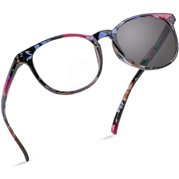 LifeArt Bifocal Reading Glasses, Transition Photochromic Dark Grey Sunglasses, Oval Frame, Computer Reading Glasses, Anti Glare (Blue Floral, +0.00/+2.50 Magnification)