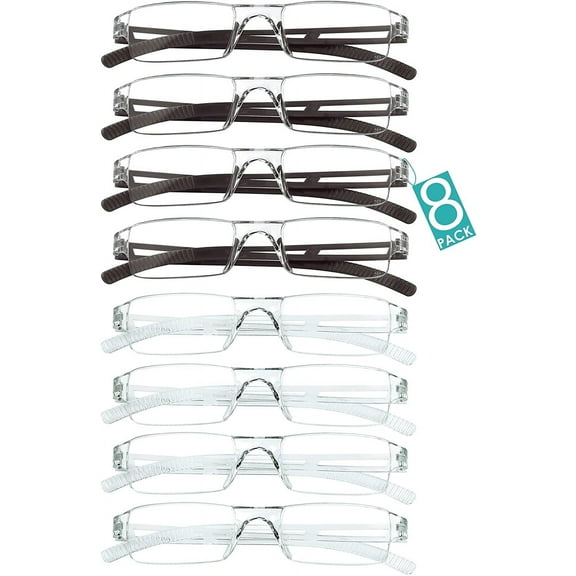 LifeArt Blue Light Blocking Reading Glasses 8-Pack (Rectangular Frame, +3.00 Magnification)