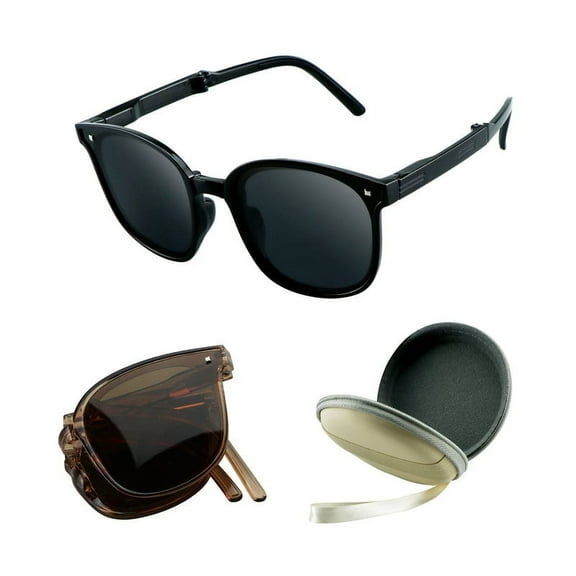 LifeArt Trendy Polarized Folding Sunglasses for Women Men UV400 Protection Anti Glare Ultralight Foldable frame (Black+Champagne)