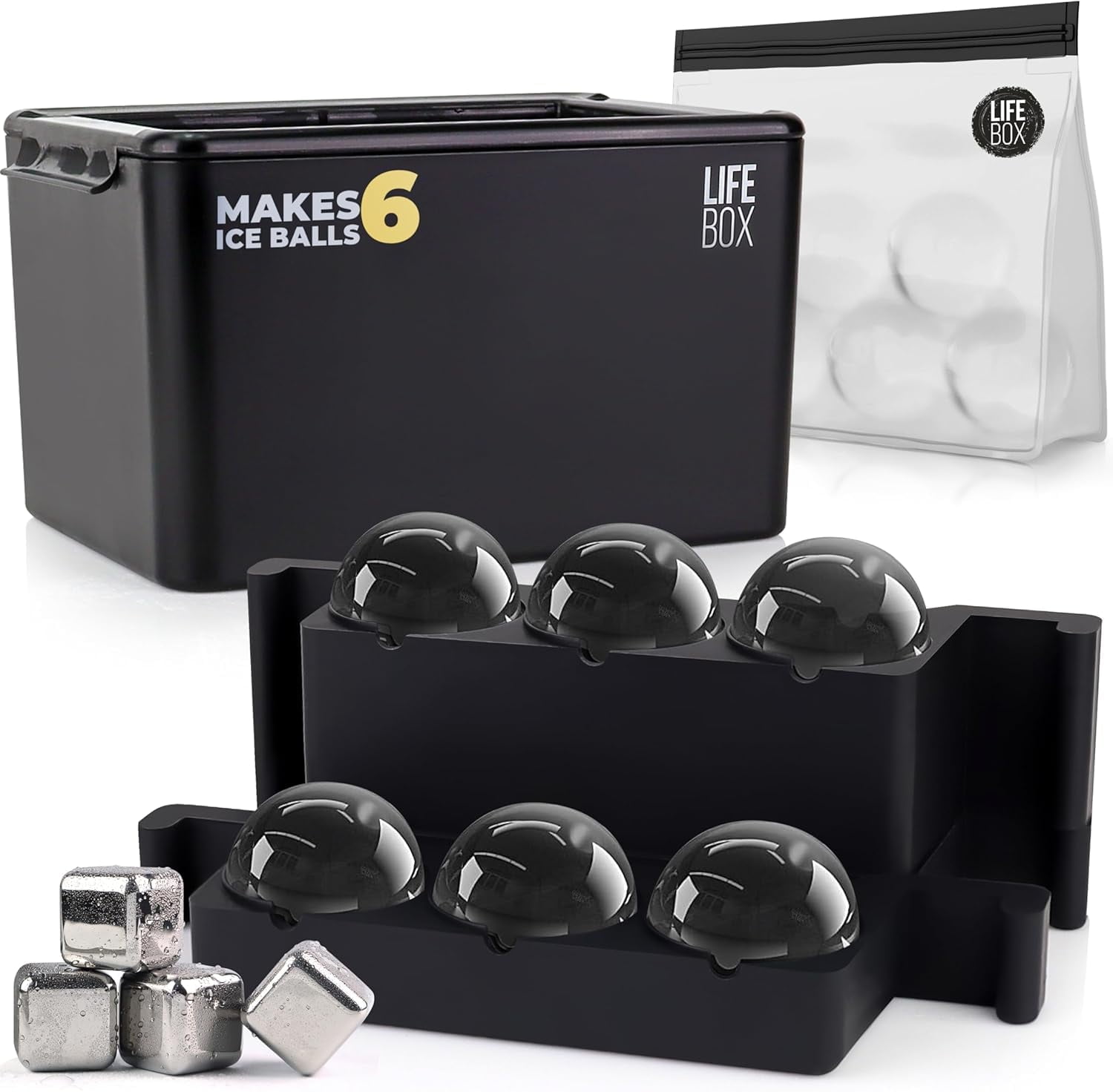 LifeBox 6 Ice Ball Maker Mold - Sphere Mold Makes Crystal Clear Balls - Whiskey Cubes Mold Includes Storage Bag & 7 Whiskey Stones - Round Cube Mold