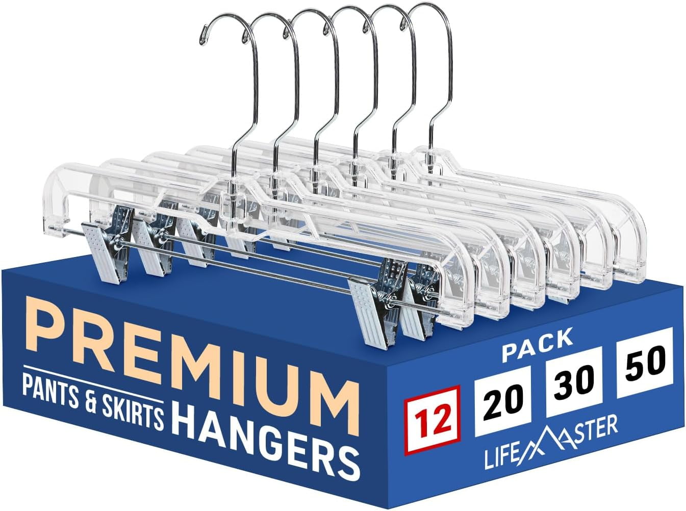 LifeMaster 12 Pcs. 14 inch Clear Plastic Skirt Hangers with Adjustable Clips - Space-Saving Closet Organizer, 360° Swivel Hook - Bulk Plastic Hangers for Pants, Trousers, Jeans