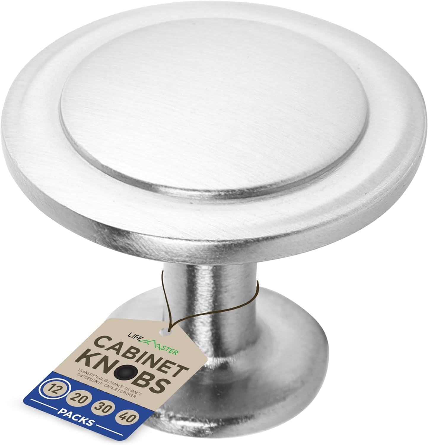 LifeMaster 12pcs 1-1/4" Kitchen Cabinet Knobs - Rust-Proof, Brushed Nickel Finish, Modern Design, Strong Zinc Alloy