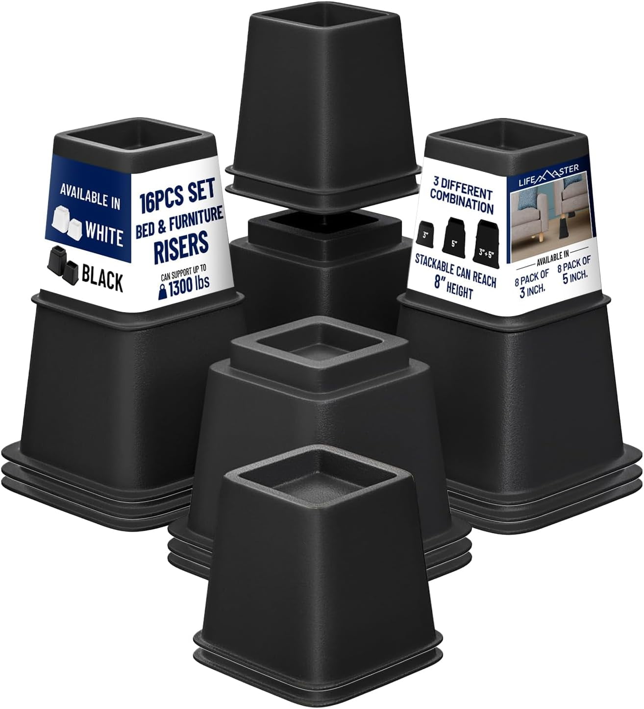 LifeMaster 16pcs Adjustable Bed Risers - 3 + 5 Inch Heavy Duty ...
