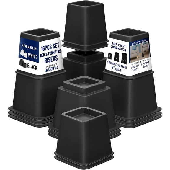 LifeMaster 16pcs Adjustable Bed Risers - 3 + 5 Inch Heavy Duty Furniture Lifts for Sofa Couch, Under Bed Storage Solution (Black), Total 1300lbs Support