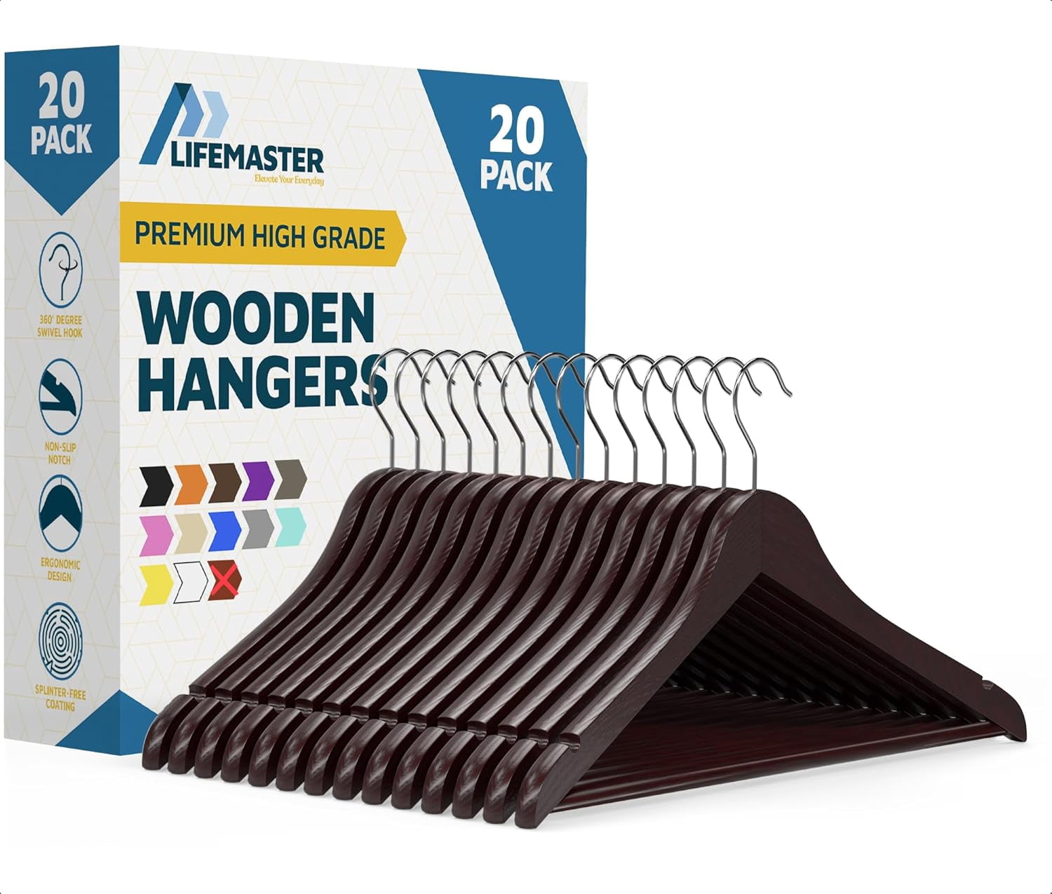 Lifemaster Wooden Clothes Hangers, Pack of 20, Cherry, 360 Degree Swivel Hook, Non-Slip Shoulder Notches