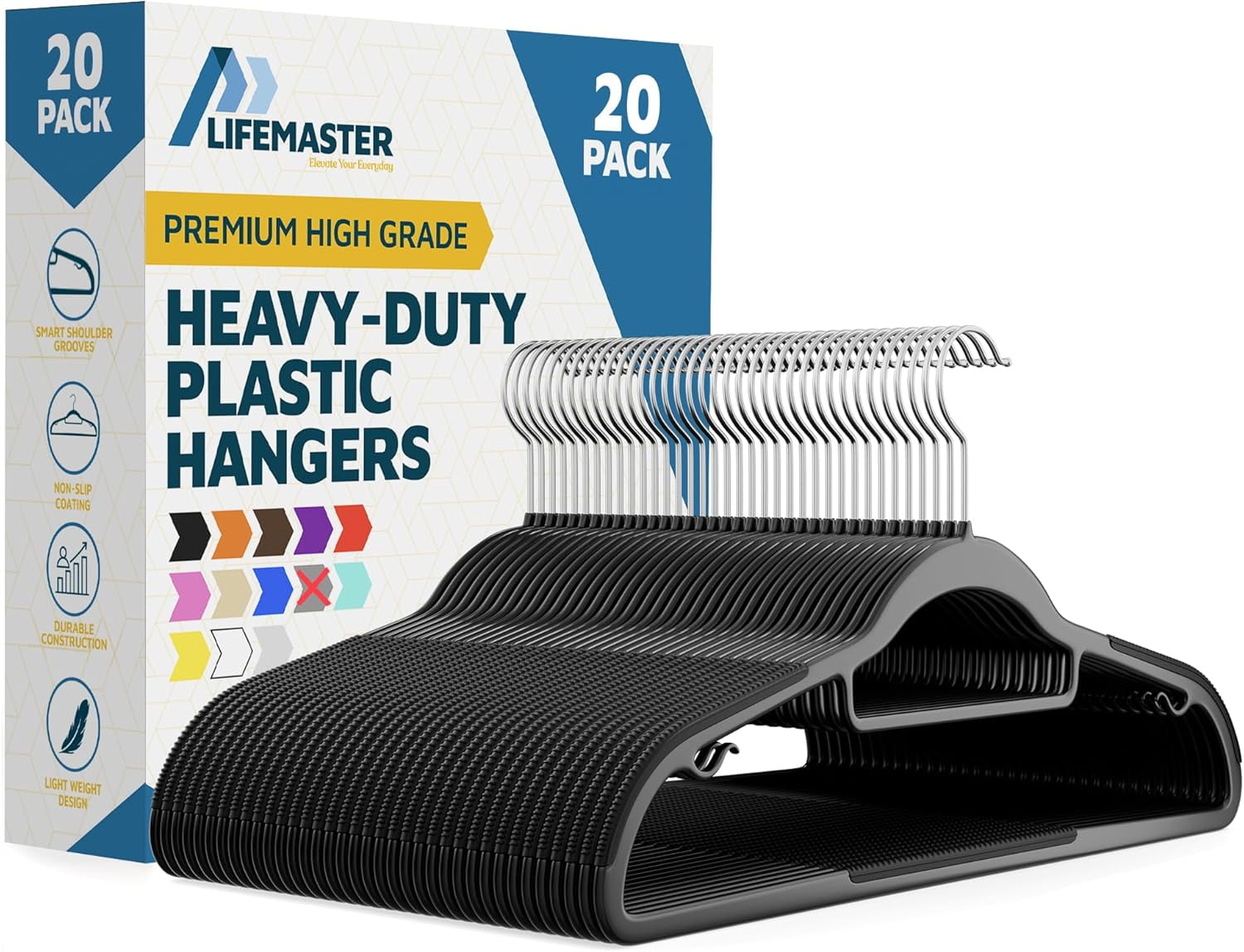 Lifemaster 20 Pcs. Dry Wet Clothes Hangers - Heavy Duty Coat Hanger Set with 360° Swivel Hook, Non-Slip, Space-Saving, Sleek Design - Accessory Tie Bar, Smart Strap Hooks, Non-Slip Pants Bar (Black)