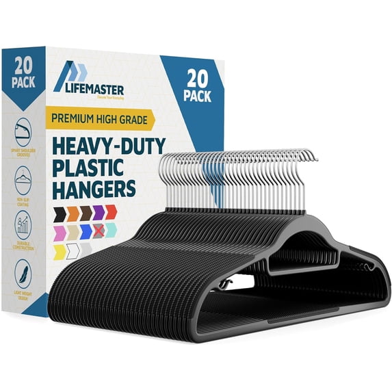 Lifemaster 20 Pcs. Dry Wet Clothes Hangers - Heavy Duty Coat Hanger Set with 360° Swivel Hook, Non-Slip, Space-Saving, Sleek Design - Accessory Tie Bar, Smart Strap Hooks, Non-Slip Pants Bar (Black)