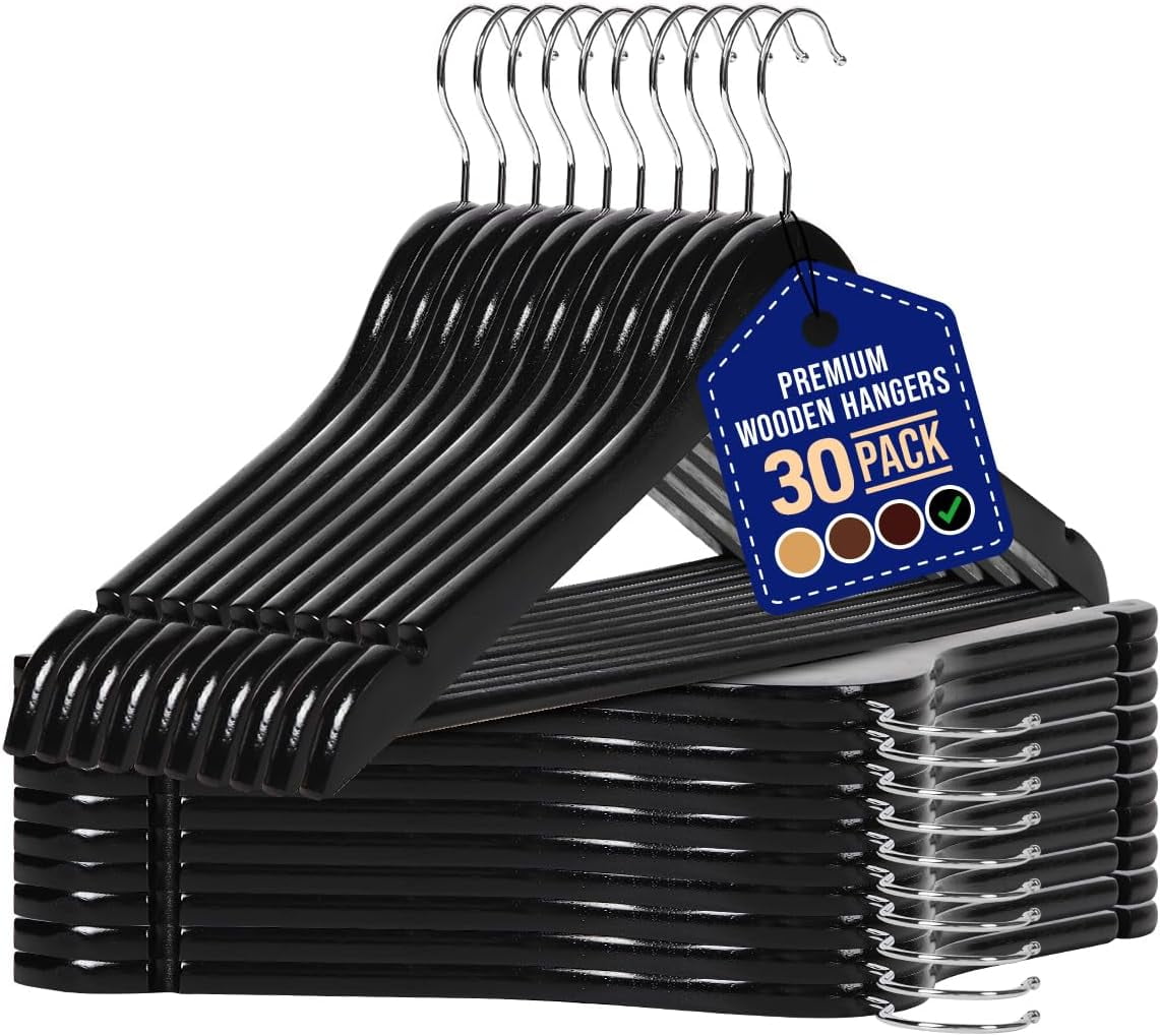 LifeMaster 30 Pack Black Wooden Hangers Heavy Duty Suit Dress Organizer with 360 Hook Space Saving Stylish Design for Closet Efficiency Walmart