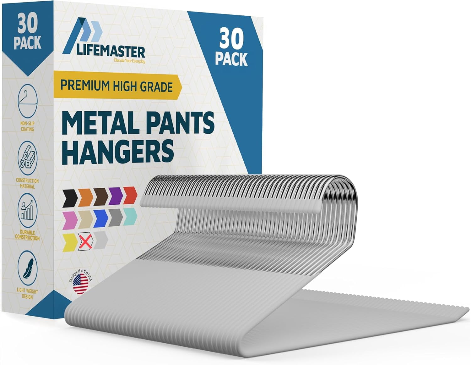 Metal Pants Hanger Set - 30 Pieces Elegant Non-Slip Closet Space Saving Hanger Set for Pants, Trouser, Blankets, and Jeans with Open Ended Sleek Design - White