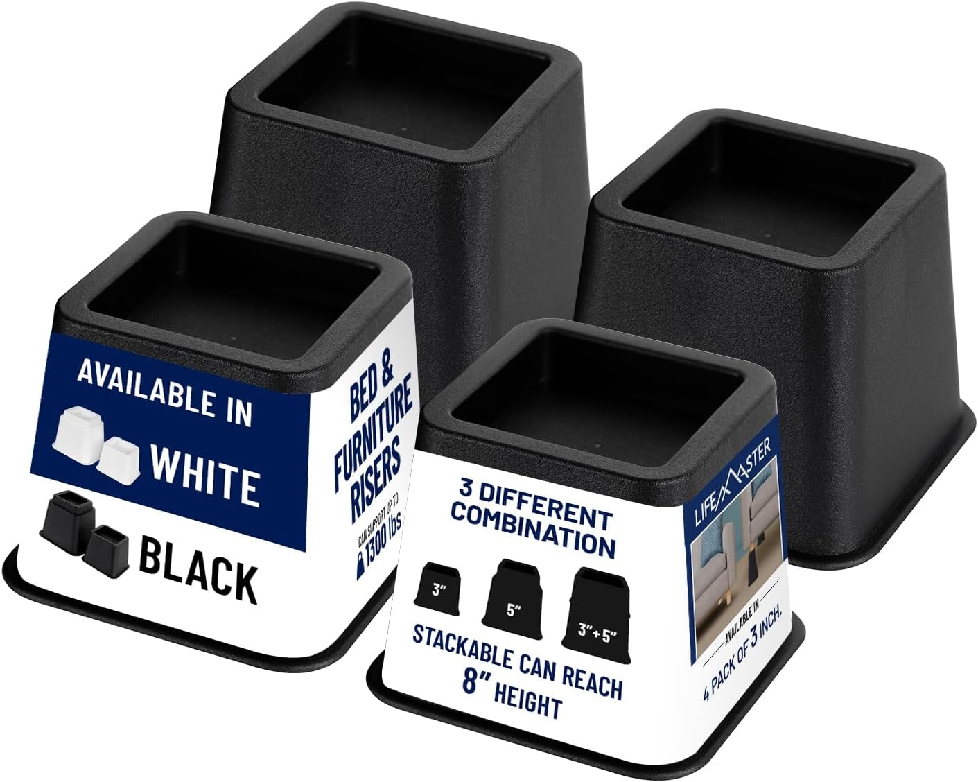 LifeMaster 4pcs Bed Risers 3 inch - Heavy Duty Furniture Risers for ...