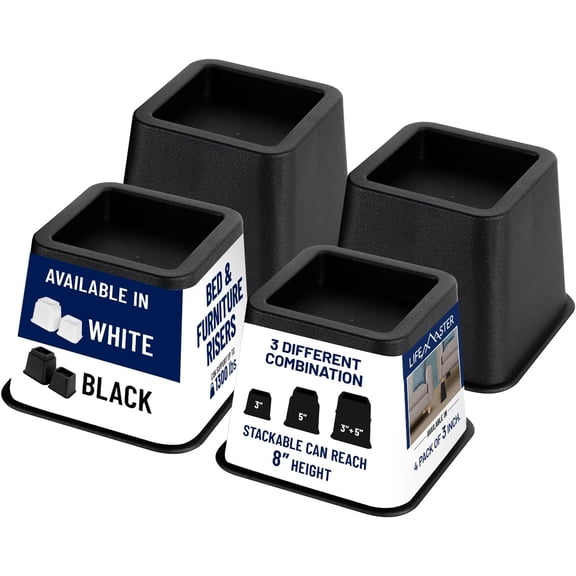 LifeMaster 4pcs Bed Risers 3 inch - Heavy Duty Furniture Risers for Sofa Couch - Great for Under Bed Storage (Black) - 1300lbs Total Support