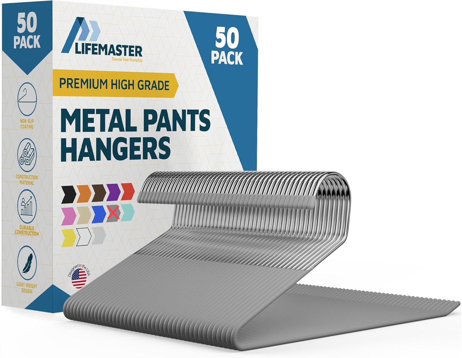 Metal Pants Hanger Set - 50 Pieces Elegant Non-Slip Closet Space Saving Hanger Set for Pants, Trouser, Blankets, and Jeans with Open Ended Sleek Design - Gray