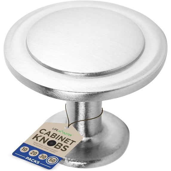 LifeMaster 50pcs 1-1/4" Brushed Nickel Cabinet Knobs - Rust-Proof Finish, Modern Design, Strong Zinc Alloy Construction - Complete with Short and Adjustable Screws for Dresser, Drawers, and Cabinets