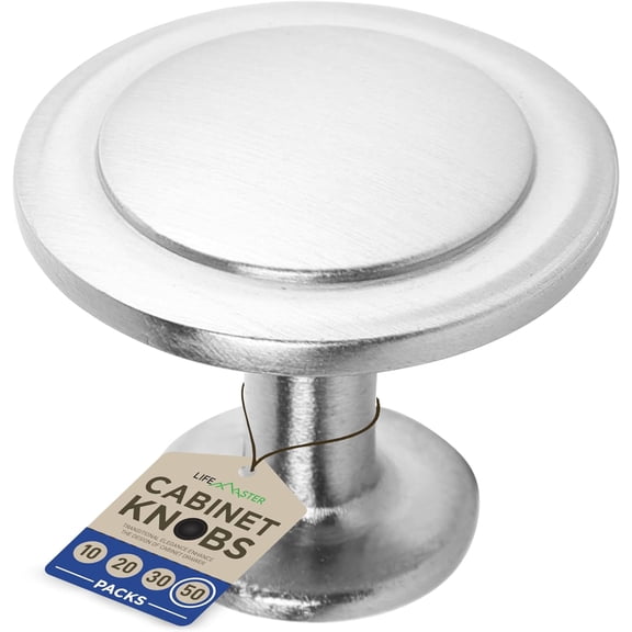 LifeMaster 50pcs 1-1/4" Brushed Nickel Cabinet Knobs - Rust-Proof Finish, Modern Design, Strong Zinc Alloy Construction - Complete with Short and Adjustable Screws for Dresser, Drawers, and Cabinets