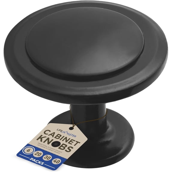 LifeMaster 6pcs 1-1/4" Matte Black Cabinet Knobs - Rust-Proof, Modern Design, Strong Zinc Alloy, Drawer Pulls with Short and Adjustable Screws - Stylish Handles for Kitchen, Dresser, and Cabinets