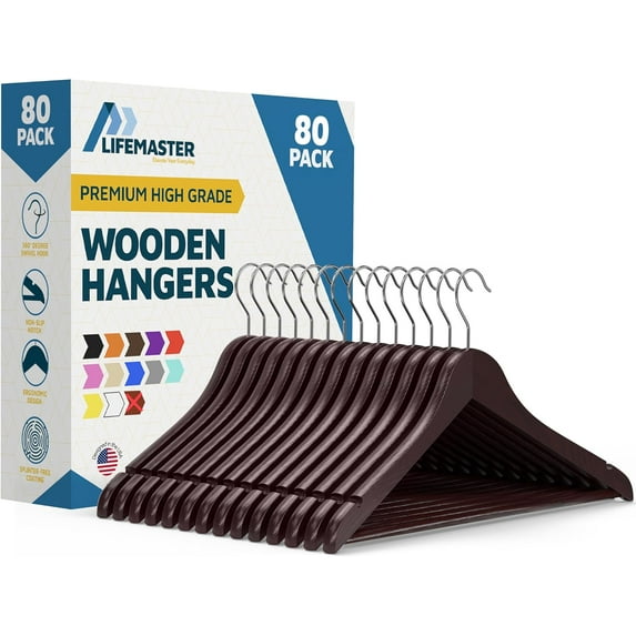 Lifemaster Wooden Clothes Hangers – With 360 Degree Swivel Hook and Non-Slip Shoulder Notch, Holds Up To 10 lbs, Pants Bar Design, For Organizing Suit, Dress, Coat, and Clothes, Pack of 80, Cherry