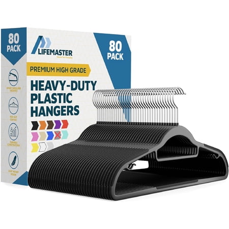 LifeMaster 80 Pcs. Dry Wet Clothes Hangers - Heavy Duty Coat Hanger Set with 360° Swivel Hook, Non-Slip, Space-Saving, Sleek Design - Accessory Tie Bar, Smart Strap Hooks, Non-Slip Pants Bar (Black)