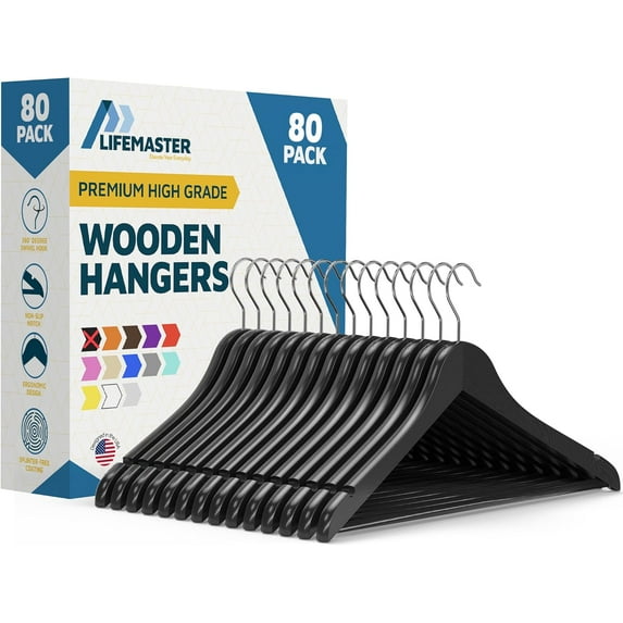 Lifemaster Wooden Clothes Hangers – With 360 Degree Swivel Hook and Non-Slip Shoulder Notch, Holds Up To 10 lbs, Pants Bar Design, For Organizing Suit, Dress, Coat, and Clothes, Pack of 80, Black