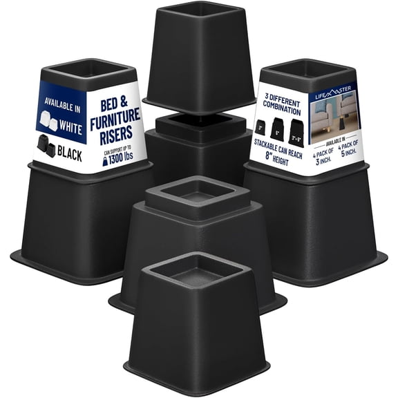 LifeMaster 8pcs Adjustable Bed Risers - 3" + 5" Heights, Heavy Duty Furniture Risers for Sofa, Couch, Under Bed Storage (Black), Total 1300lbs Support
